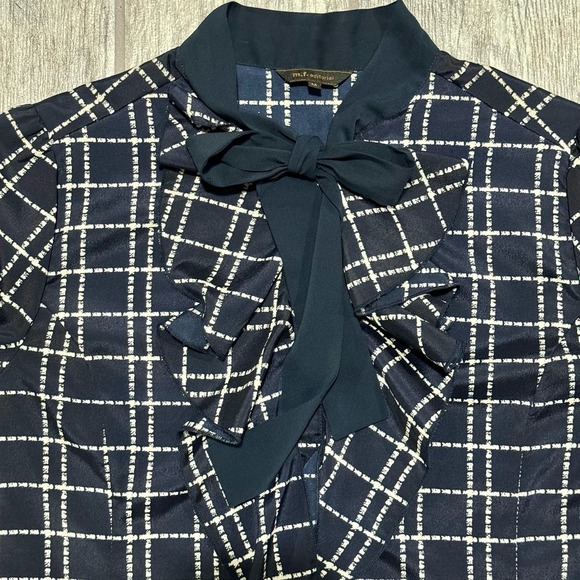 Navy & White Plaid Pattern Ruffle Flounce Blouse, size Medium - Picture 5 of 8